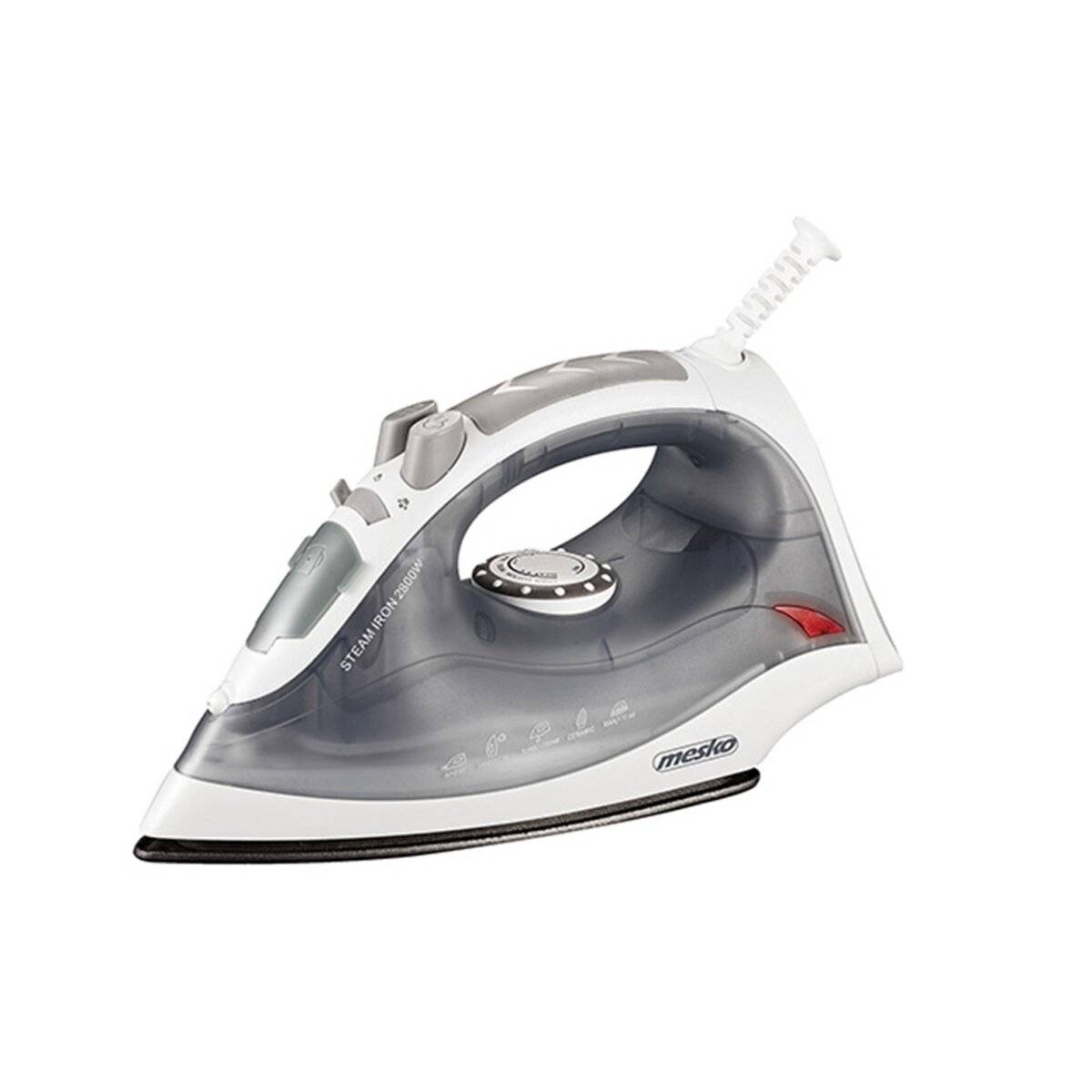 Ein Elektro-Dampfbügeleisen mit transparentem Wassertank und weißem Griff, zum Bügeln von Kleidung entwickelt.