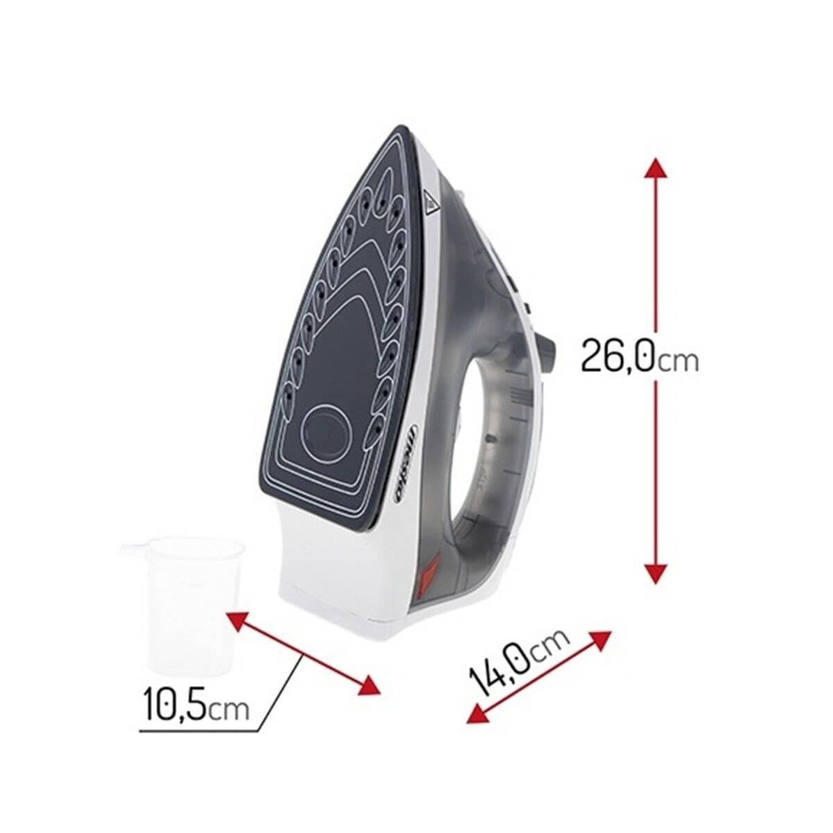 Ein Eisen mit Abmessungen: 26,0 cm Höhe, 14,0 cm Länge, neben einem Messbecker in einer Höhe von 10,5 cm dargestellt.