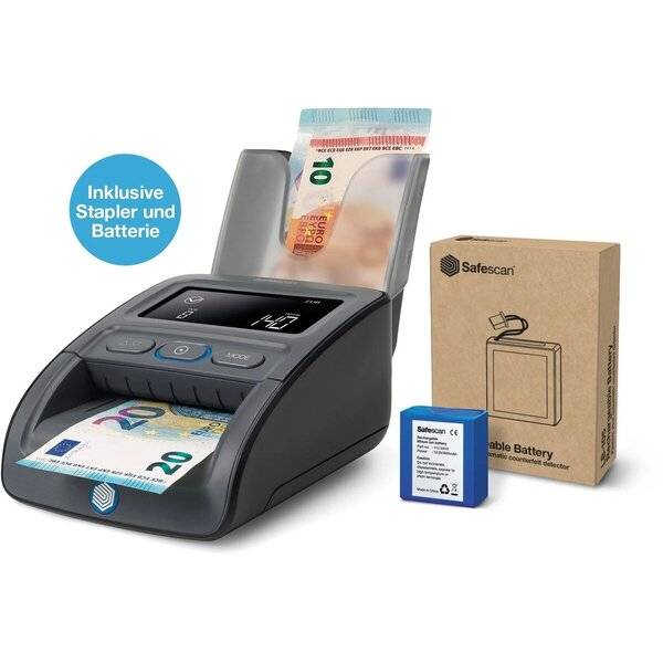 Safescan Wiederaufladbarer Geldscheinzähler mit Batterie, gezeigt mit Euroscheinen, Ladegerät und dem Etikett „Inklusive Stapler und Batterie