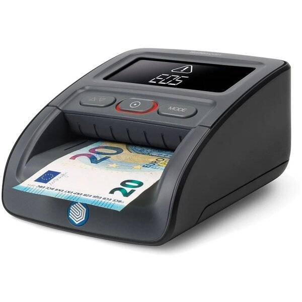Kleiner Geldscheinzähler, der eine Euro-Banknote zählt, mit digitalem Display und Steuertasten oben.
