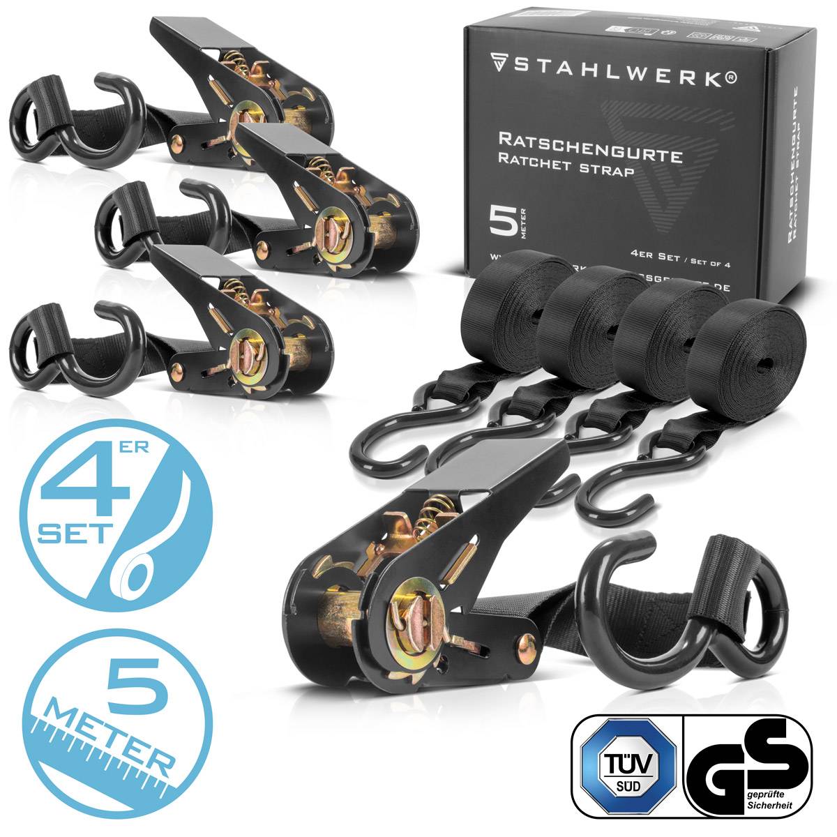 STAHLWERK Ratschengurt mit Haken 4er Set 5 m x 25 mm 800 kg Spanngurt Zurrgurt