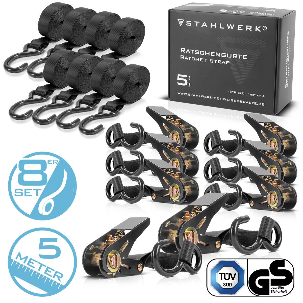 STAHLWERK Ratschengurt mit Haken 8er Set 5 m x 25 mm 800 kg Spanngurt Zurrgurt