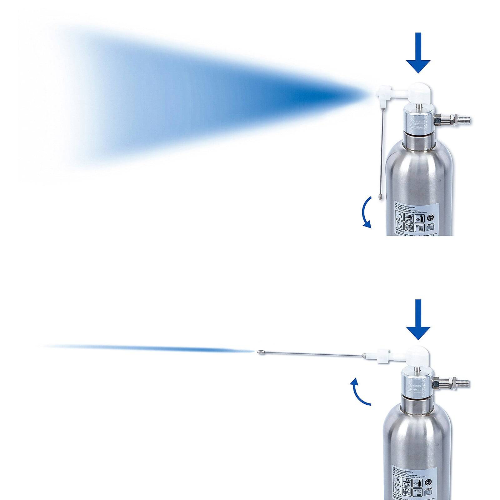 Eine Metallsprühflasche wird im oberen Bild nach oben und im unteren Bild horizontal einen Dampfstrahl ausstoßend dargestellt, was verschiedene Sprührichtungen veranschaulicht.