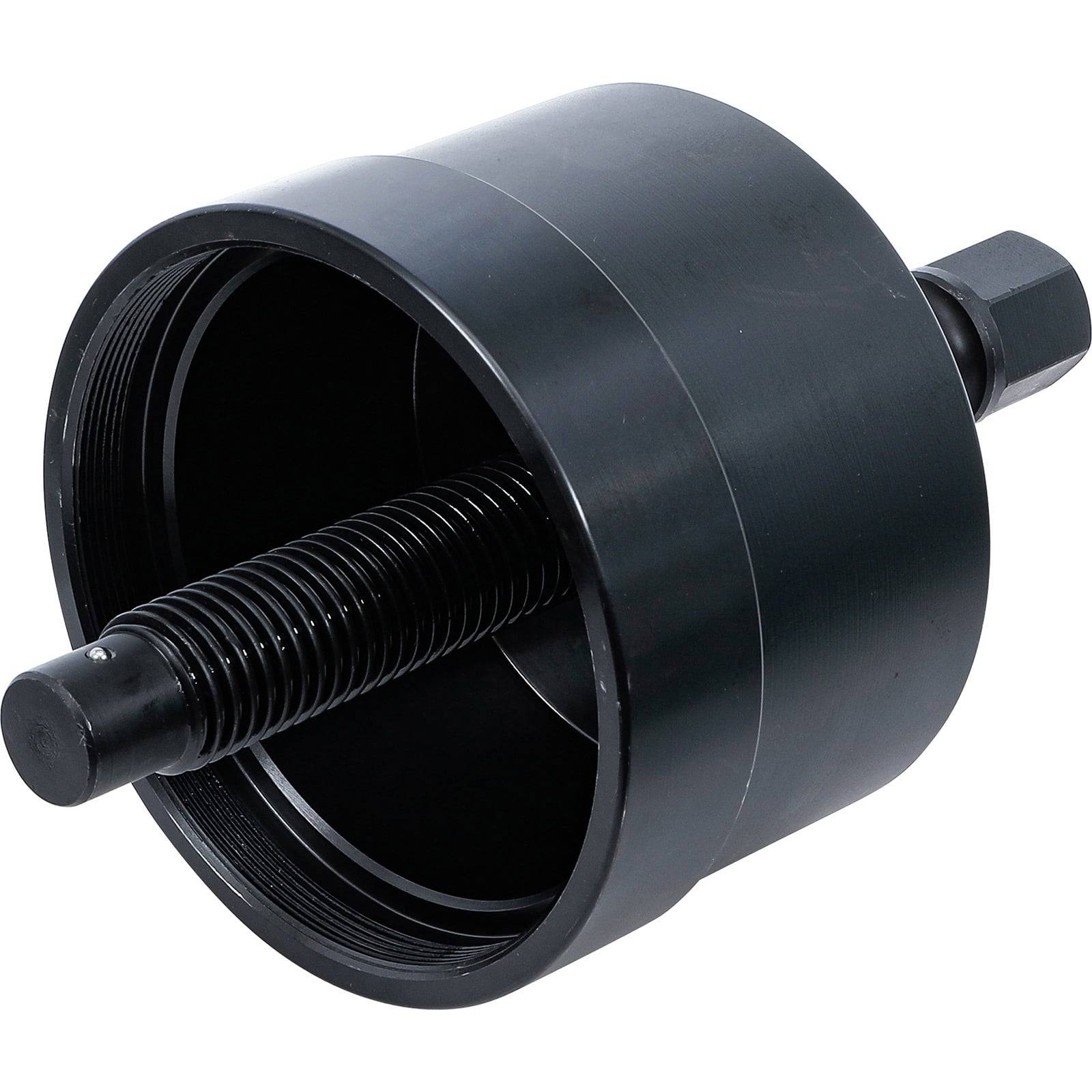 Ein schwarzer zylindrischer Mechanikwerkzeug mit einem Gewindelbolzen in der Mitte, der zum Pressen oder Herausziehen von Komponenten in Maschinen verwendet wird.