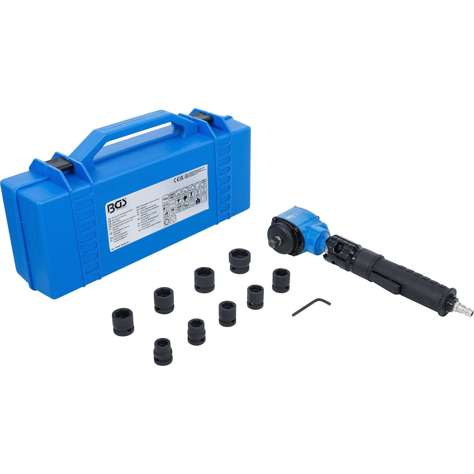 Blauer hydraulischer Bördelwerkzeugsatz mit mehreren schwarzen Anbauteilen, einem Innensechskantschlüssel und einem blauen Transportkoffer. Geeignet für präzise Arbeiten.