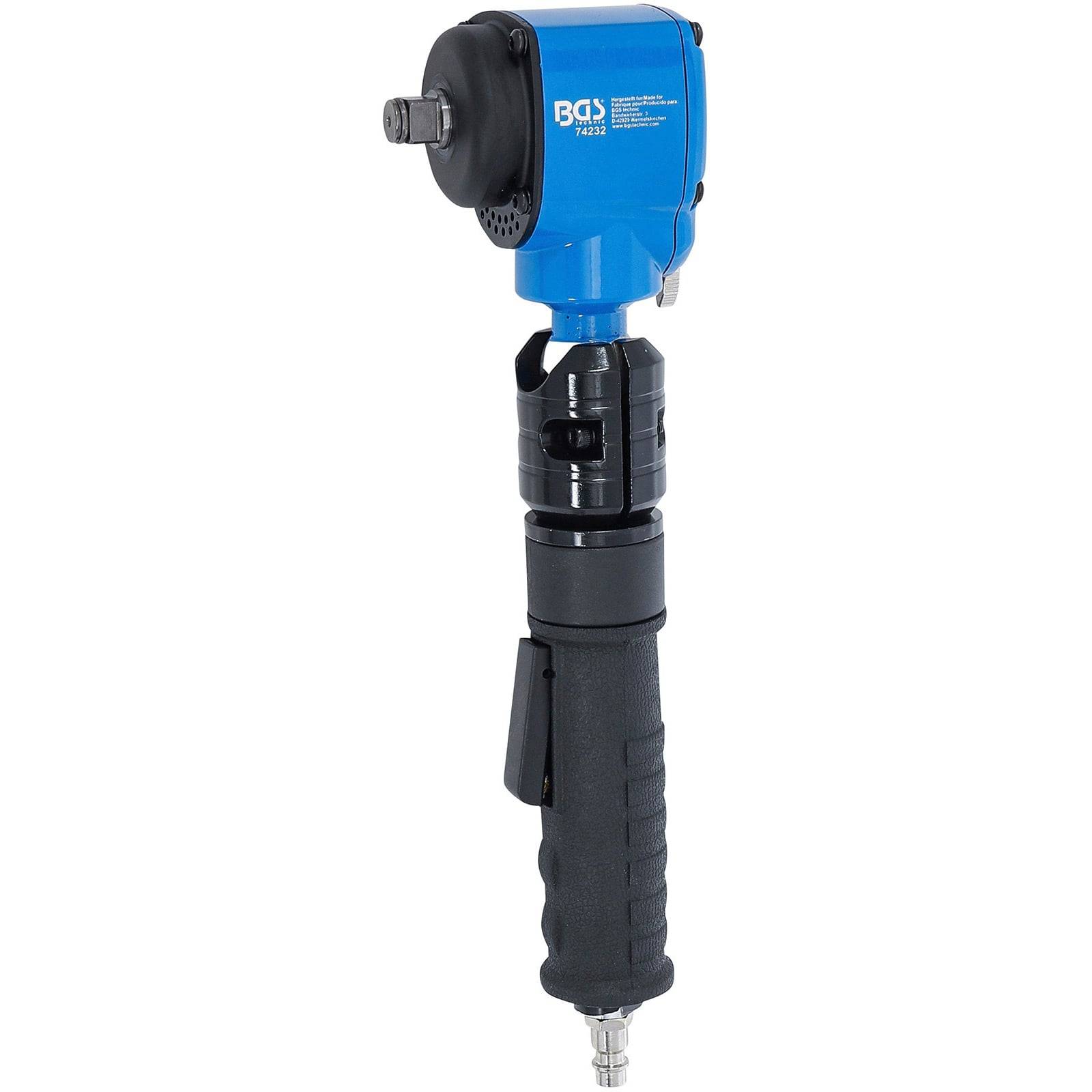 Ein blau-schwarzes pneumatisches Werkzeug mit Griffhandgriff und einem Lufteinlass am Boden. Es ist für den Einsatz in mechanischen oder industriellen Anwendungen konzipiert.