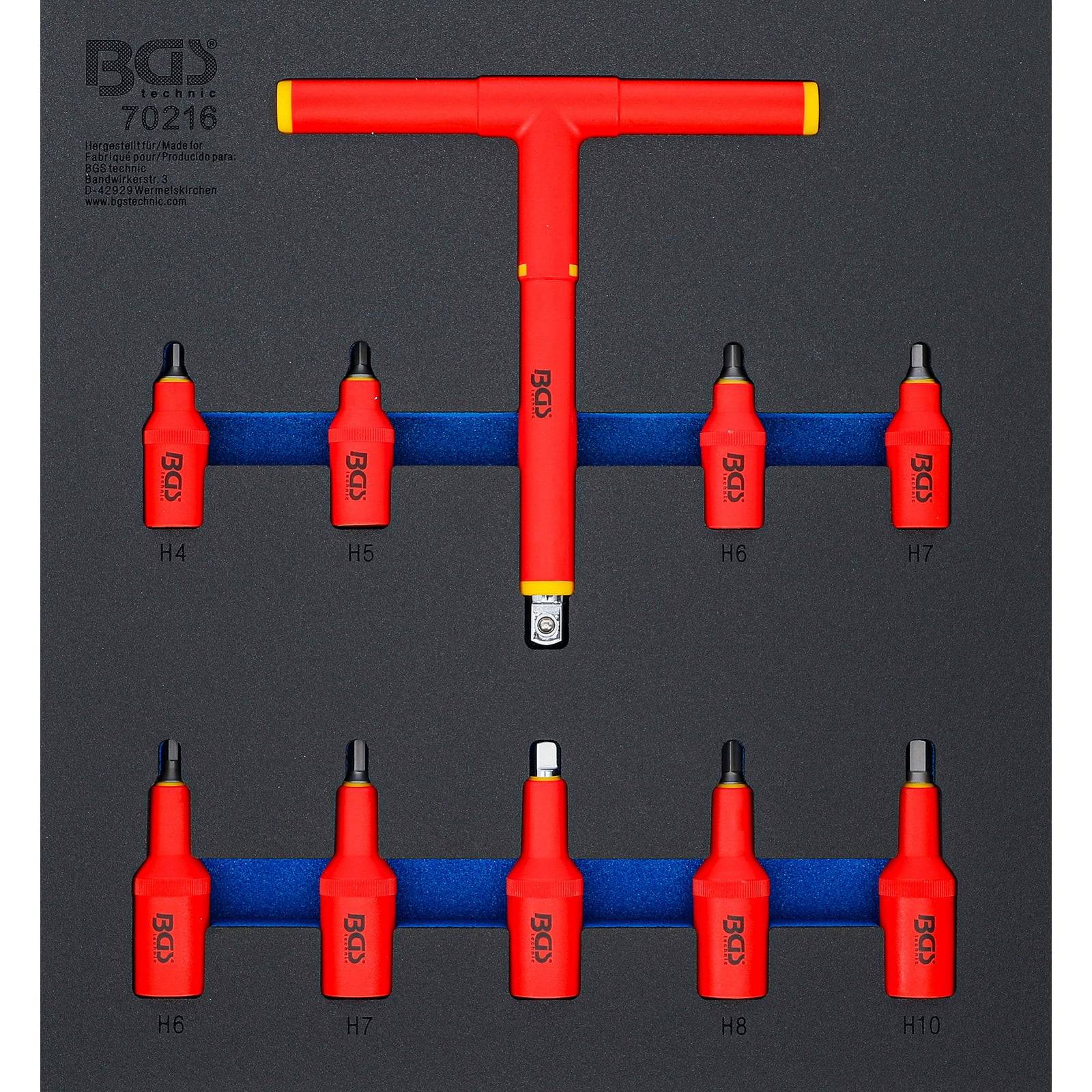 BGS Technic' rotes T-Griff-Steckschlüssel-Set mit Verlängerungen und Bits, beschriftet mit H3, H4, H5, H6, H7, H8, H9, H10 auf schwarzem Hintergrund.