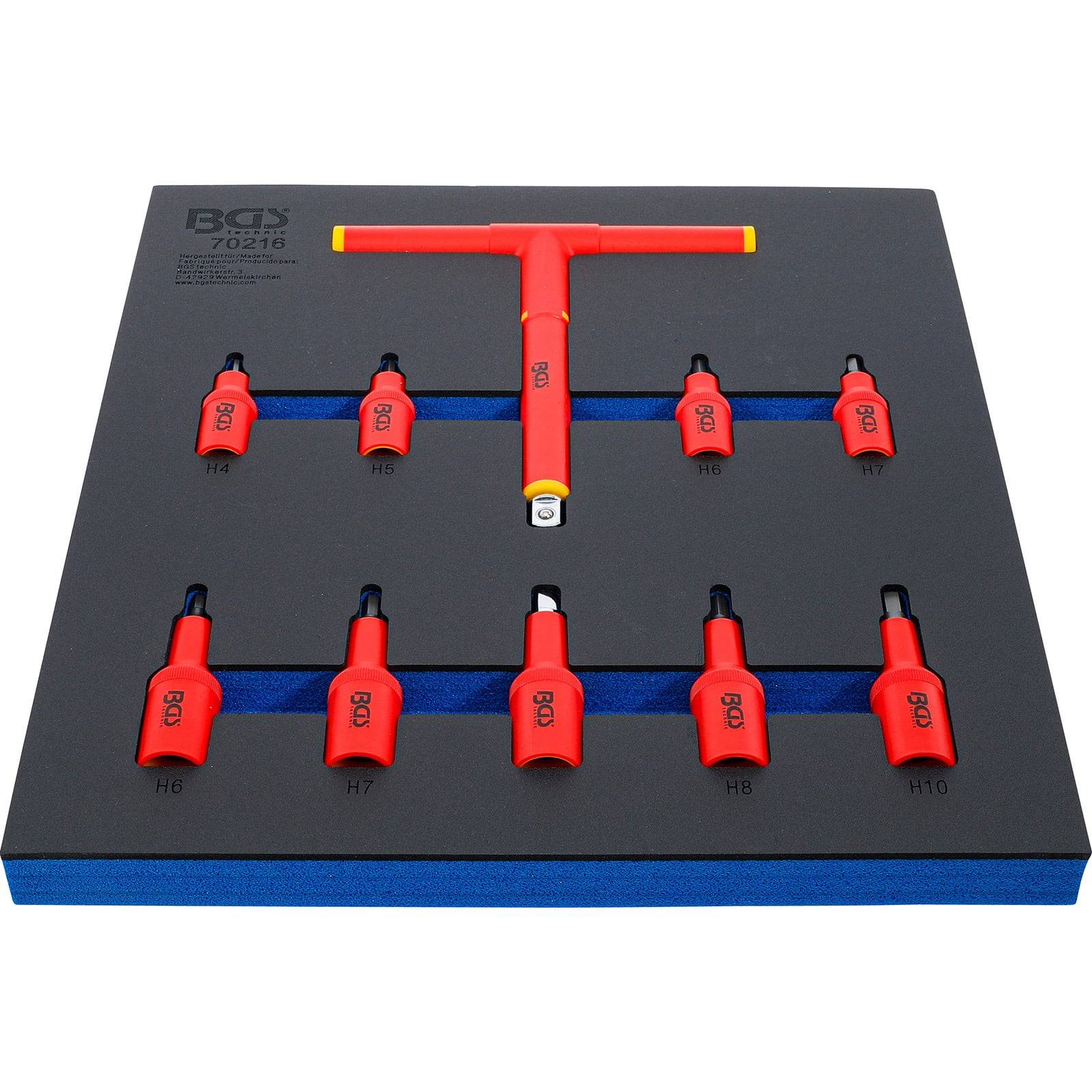 BGS 70216 Werkzeugset mit T-Griff und neun roten Steckschlüsseln, von H4 bis H12 beschriftet, in einer Schaumstoffablage organisiert.
