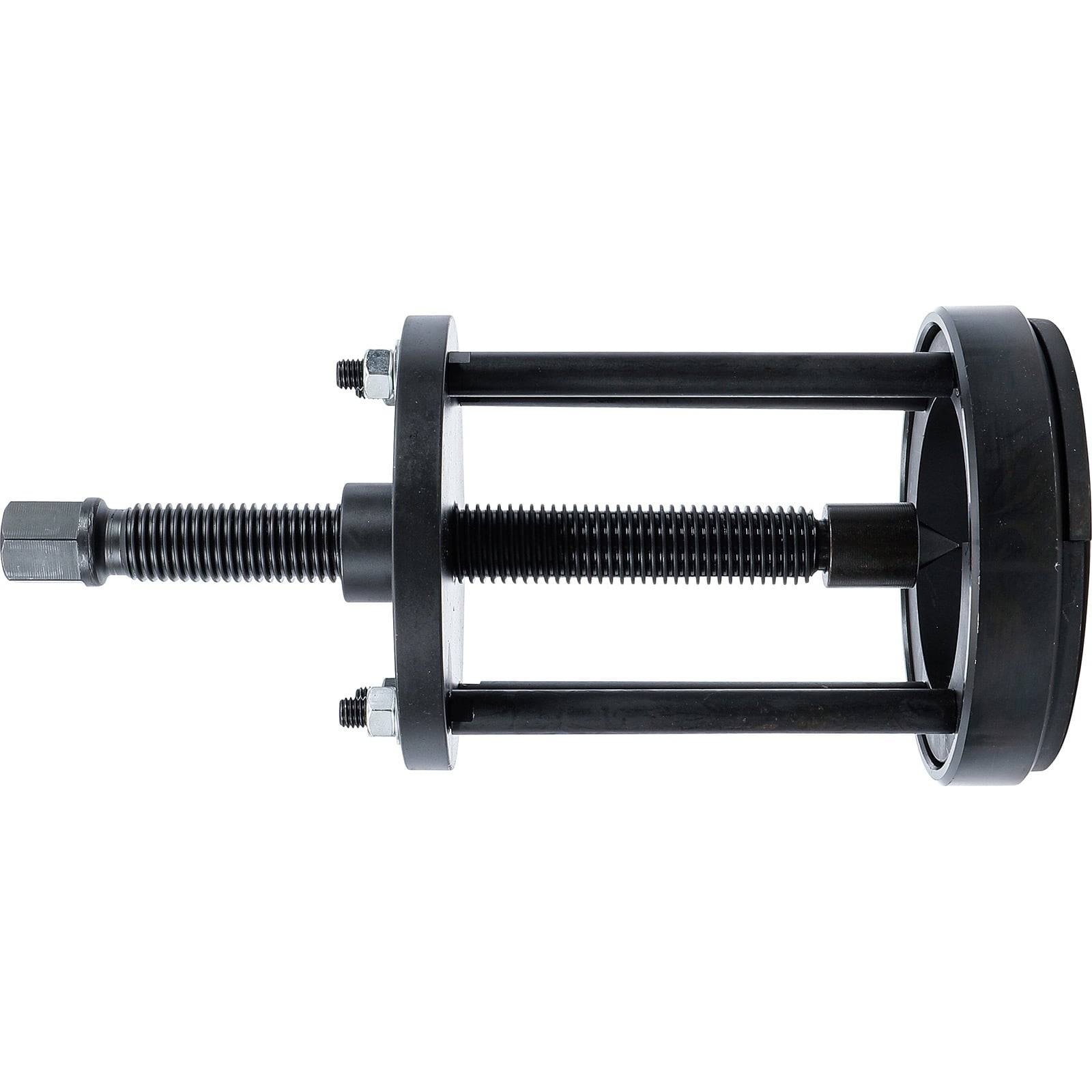 Ein schwarzer Lagerabzieher mit einer Gewindestange, zwei langen Stangen und einer kreisförmigen Befestigung zum Greifen und Herausziehen von Lagern.