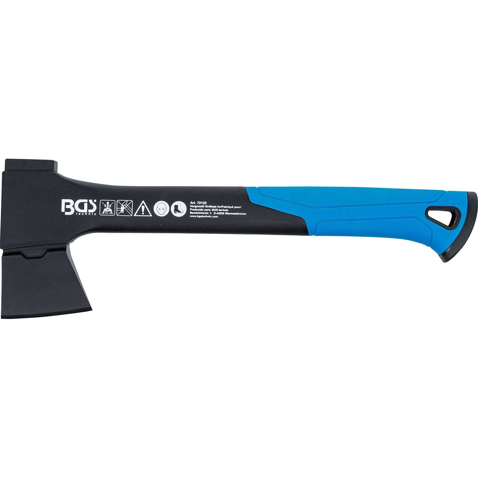 Eine Axt mit blauem Griff und schwarzem Metallkopf, versehen mit Sicherheits- und Markierungshinweisen am Griff.