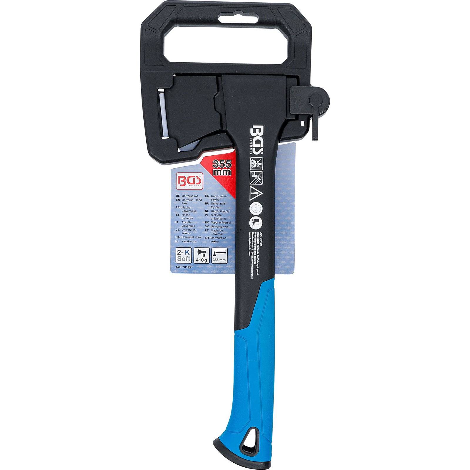 Eine Axt mit blauem Griff und schwarzem Kopf, mit einer Beschriftung von 355 mm. Die Verpackung zeigt Markeninformationen und Sicherheitssymbole.