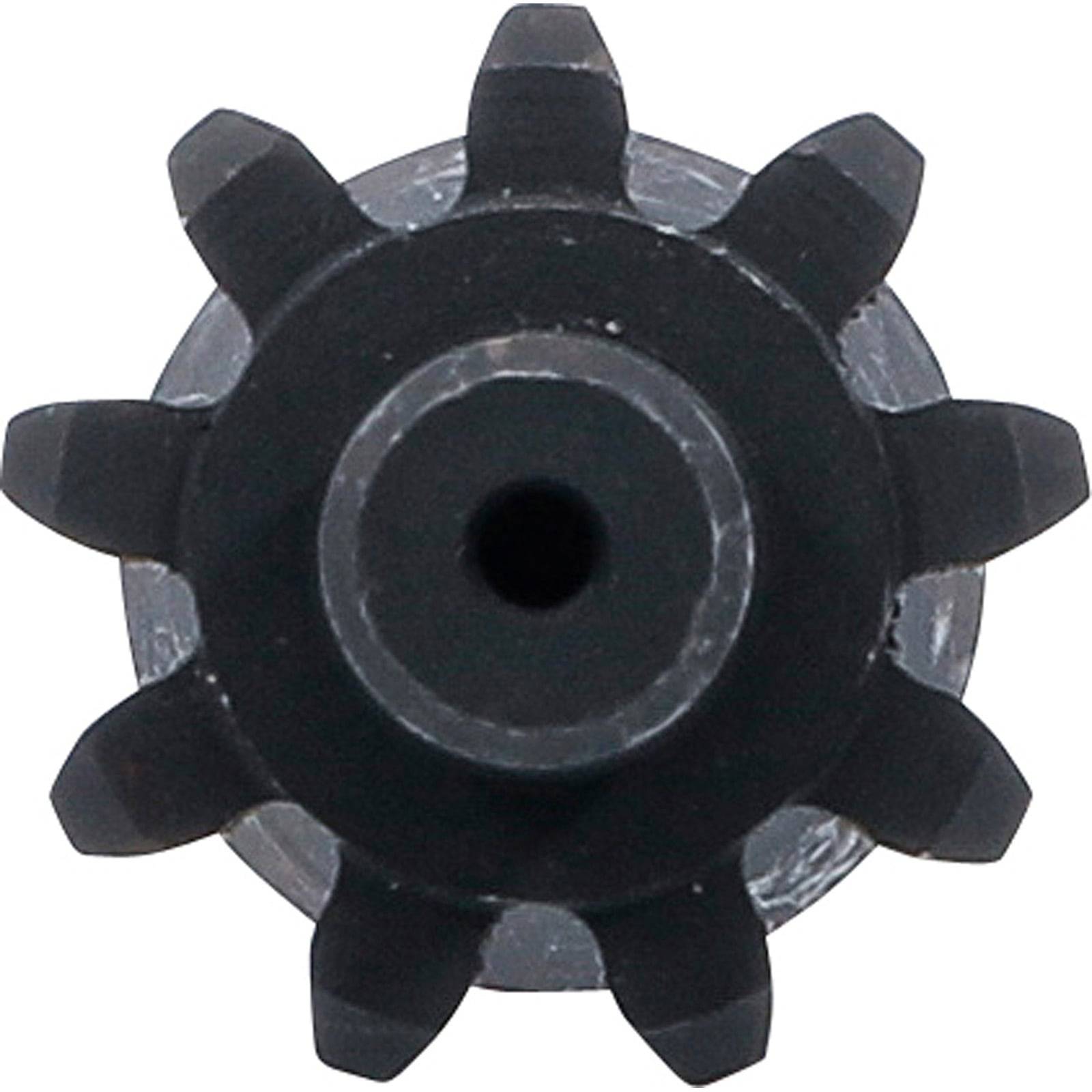 Ein Metallzahnrad von oben betrachtet, das seine kreisförmige Gestalt und die zentrale Öffnung zeigt.