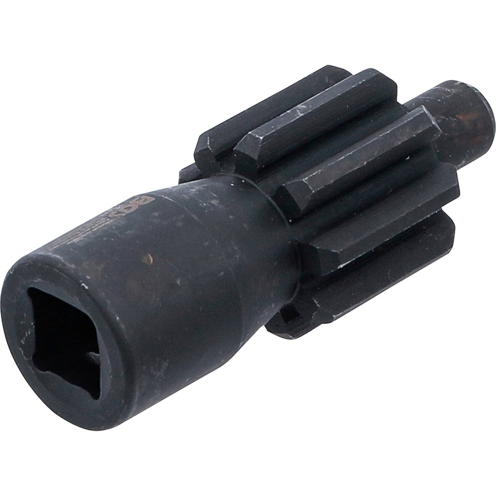 Ein schwarzes Metallteil mit einer sechseckigen Aufnahme an einem Ende und einem gerillten zylindrischen Körper zur Verwendung mit einem Drehmoment-Adapter.