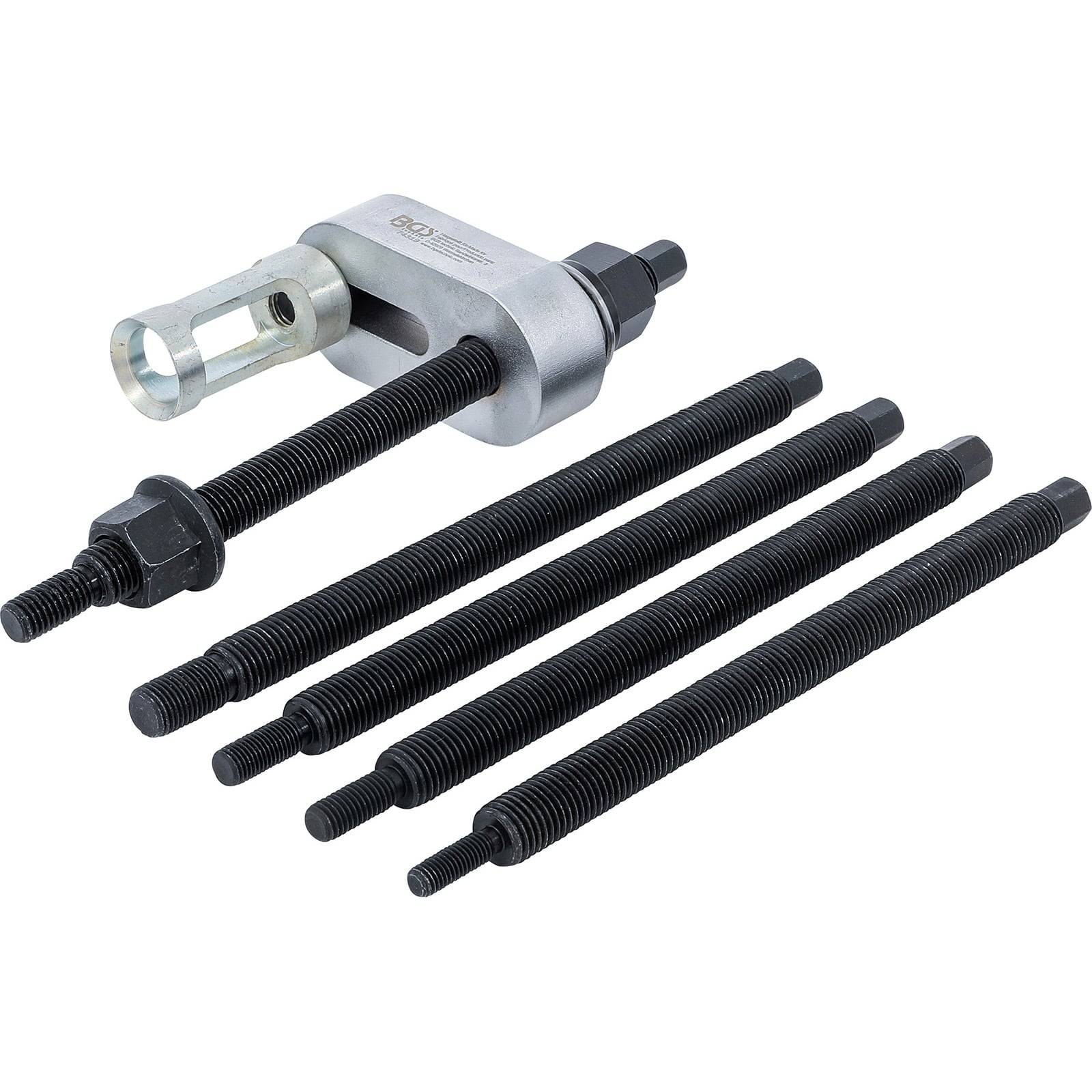 Ein Satz aus fünf schwarzen Gewindestangen unterschiedlicher Längen mit einem Metallziehwerkzeug, das für mechanische Wartungs- oder Reparaturarbeiten verwendet wird.