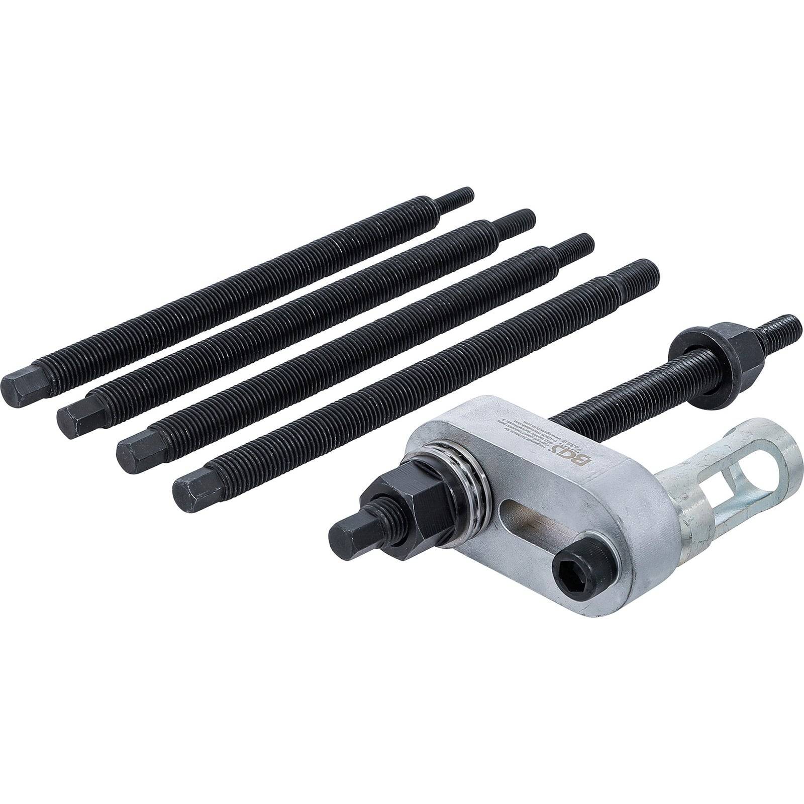 Ein Zahnradabzieherwerkzeug-Set, bestehend aus einem Hauptabzieher und fünf schwarzen Gewindestangen. Verwendet zum Entfernen von Zahnrädern und Riemenscheiben in Maschinen.