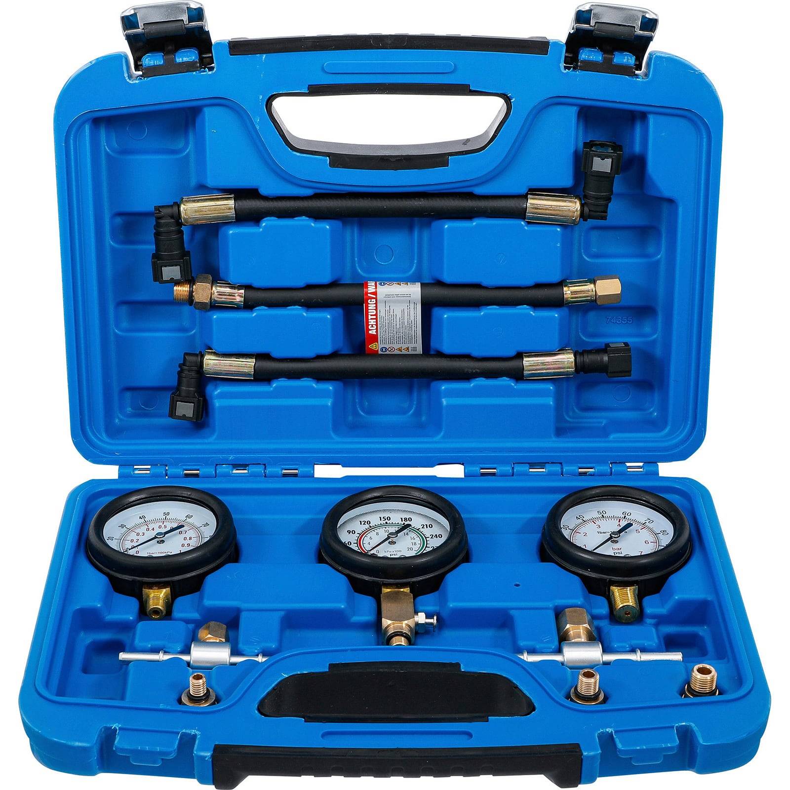 Blauer Kunststoffkoffer mit drei Druckmessgeräten und verschiedenen Anschlüssen, verwendet für automotive Diagnosen und Wartung in der Kraftfahrzeug- oder Heizungs-, Lüftungs- und Klimatechnik (HVAC).
