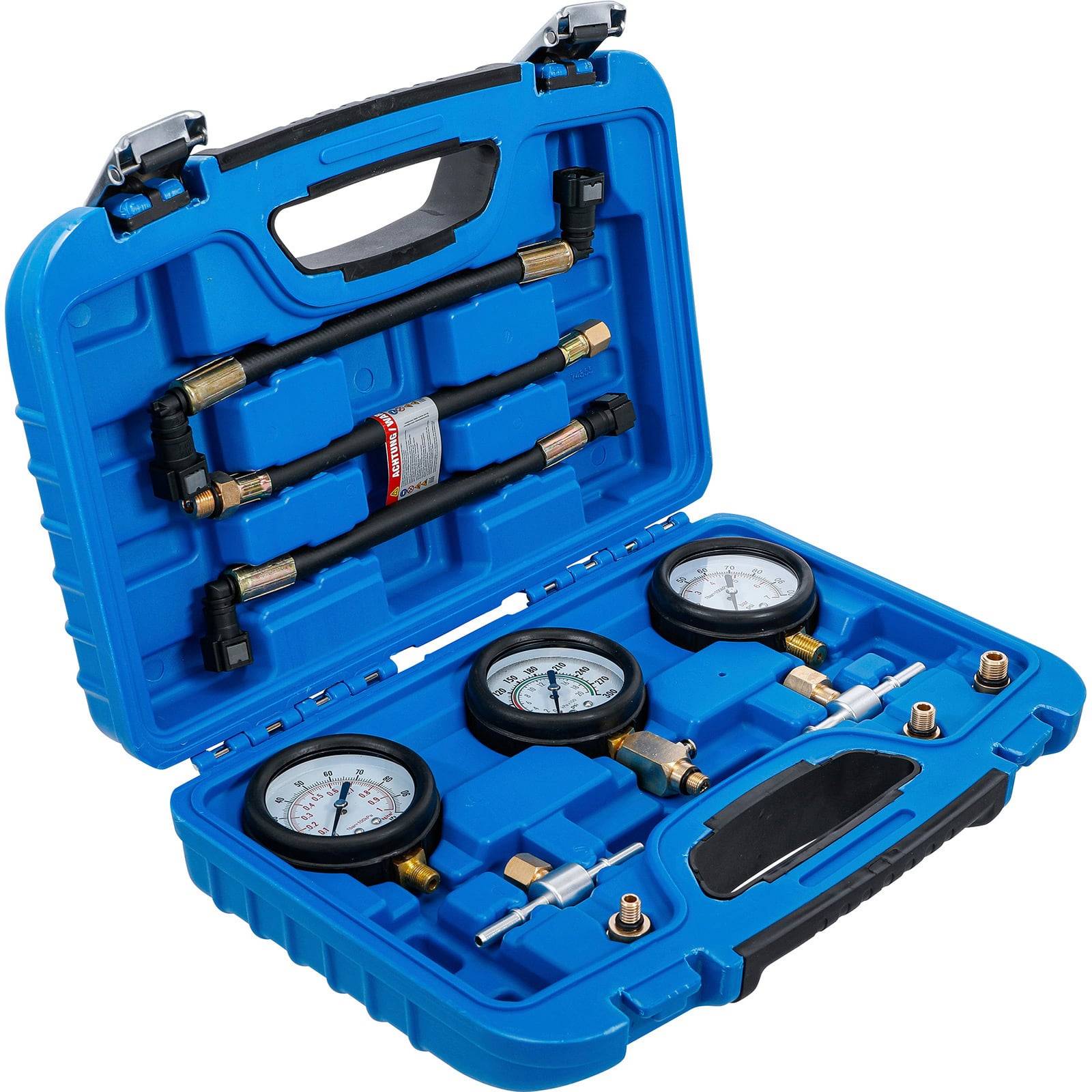 Blauer Kunststoffkoffer mit drei Manometern und Verbindungsschläuchen zur Druckmessung in verschiedenen Systemen, in einer offenen Anordnung hervorgehoben.