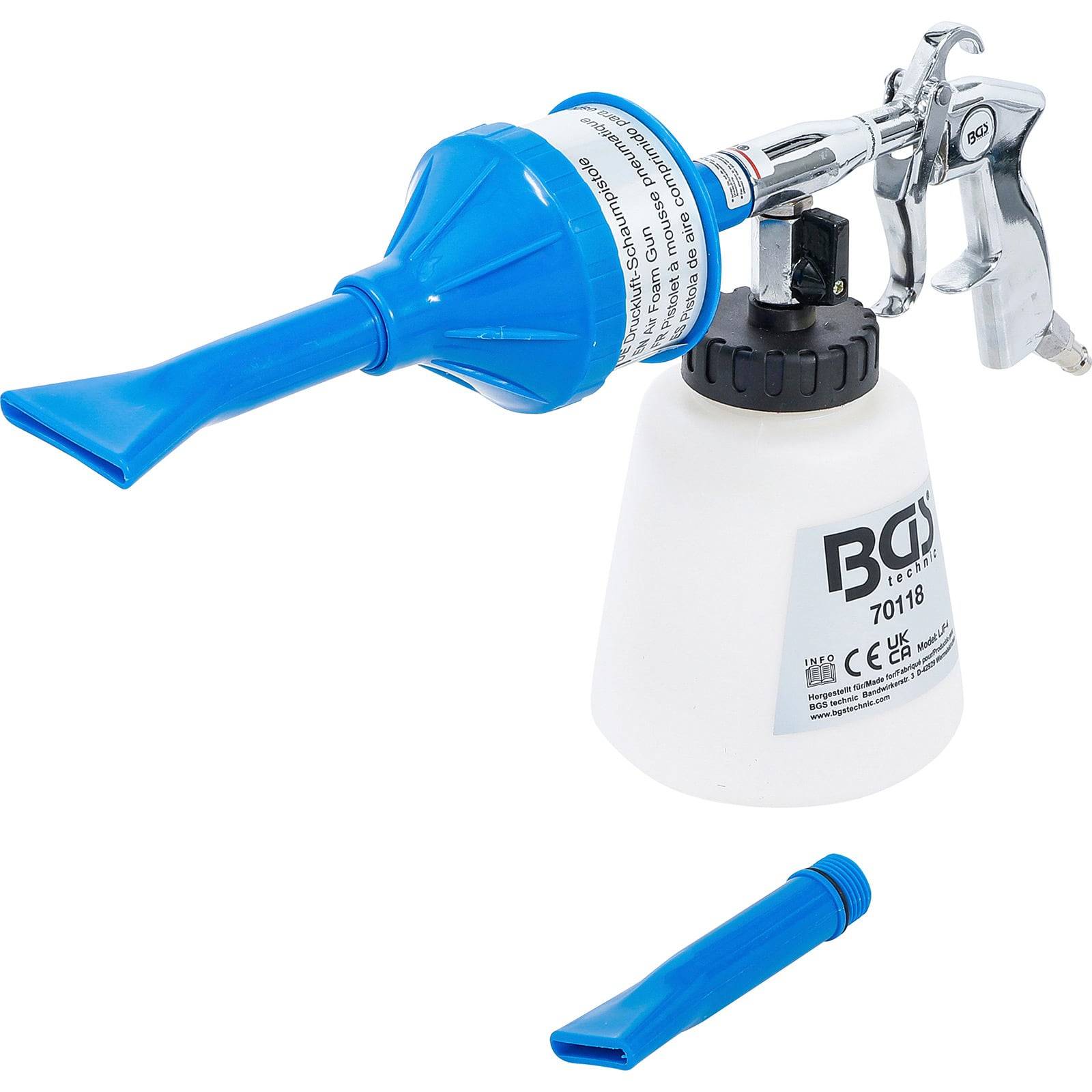 Ein pneumatisches Reinigungswerkzeug mit blauer Düse, angeschlossen an einen weißen Behälter mit der Aufschrift 'BGS', das für Druckluft-Reinigungsaufgaben verwendet wird.