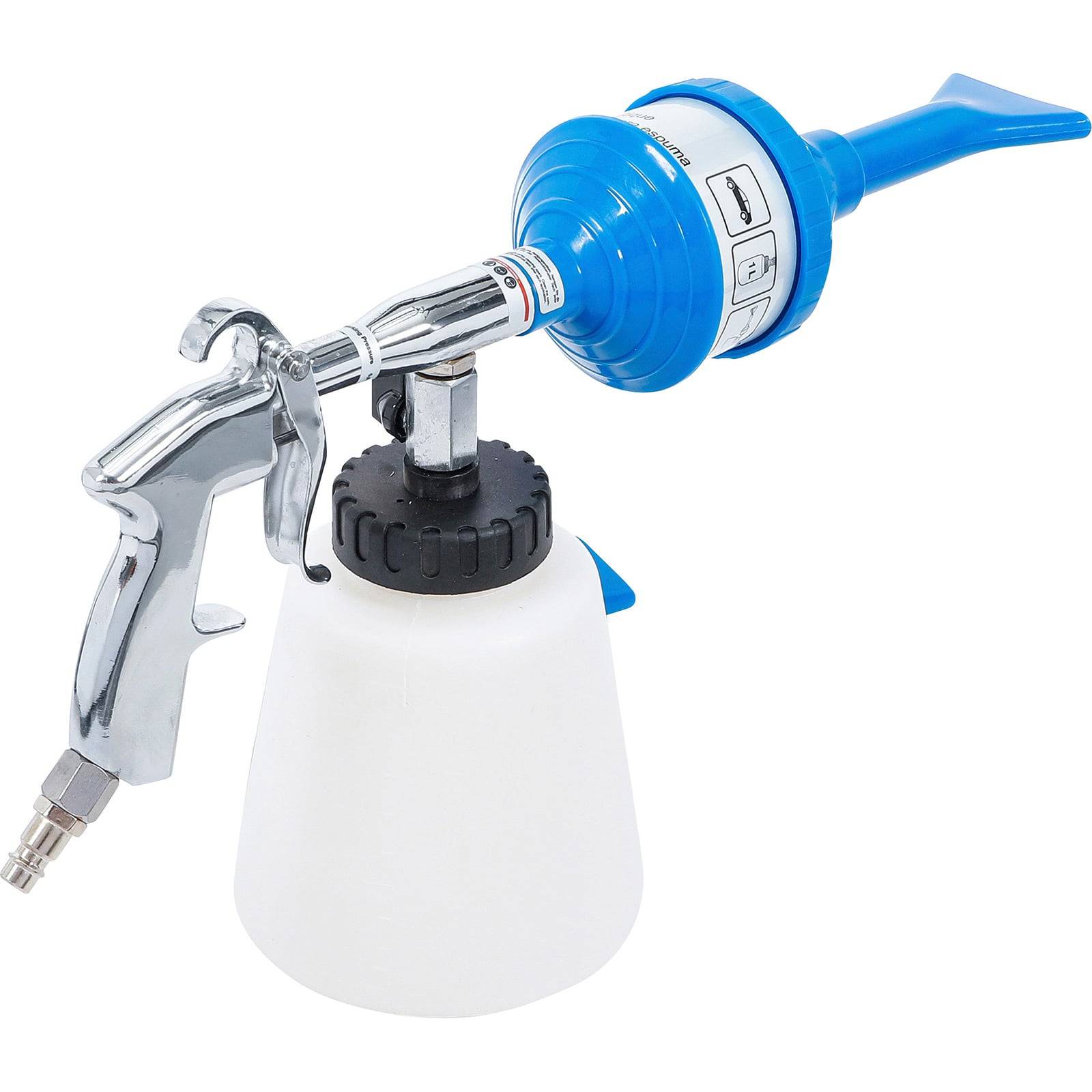 Luftreinigungsgewehr-Werkzeug mit blauem Griff und Aufsätzen, ausgestattet mit einem Auslösemechanismus, verbunden mit einem weißen Behälter zur Flüssigkeitsspeicherung.