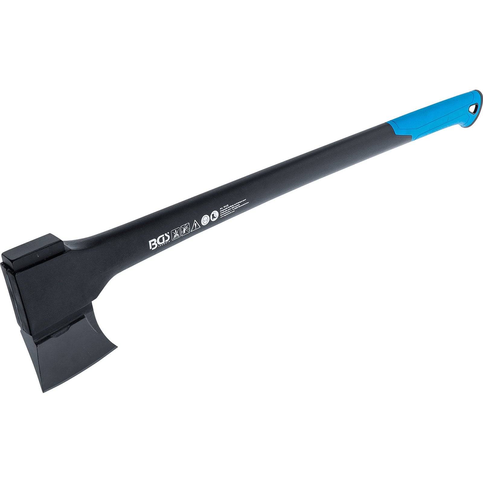 Ein schwarzer und blauer Spalthammer mit langem Stiel und breiter Klinge, entwickelt zum Holzspalten.
