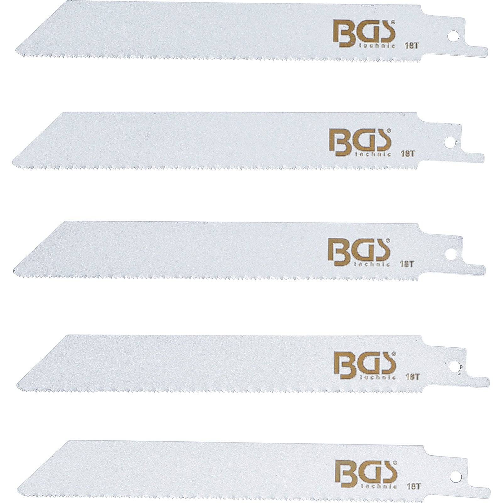 Fünf Metallsägeblätter mit BGS-Branding und 18T-Markierung, in einer horizontalen Reihe angeordnet, für präzises Schneiden von Materialien.