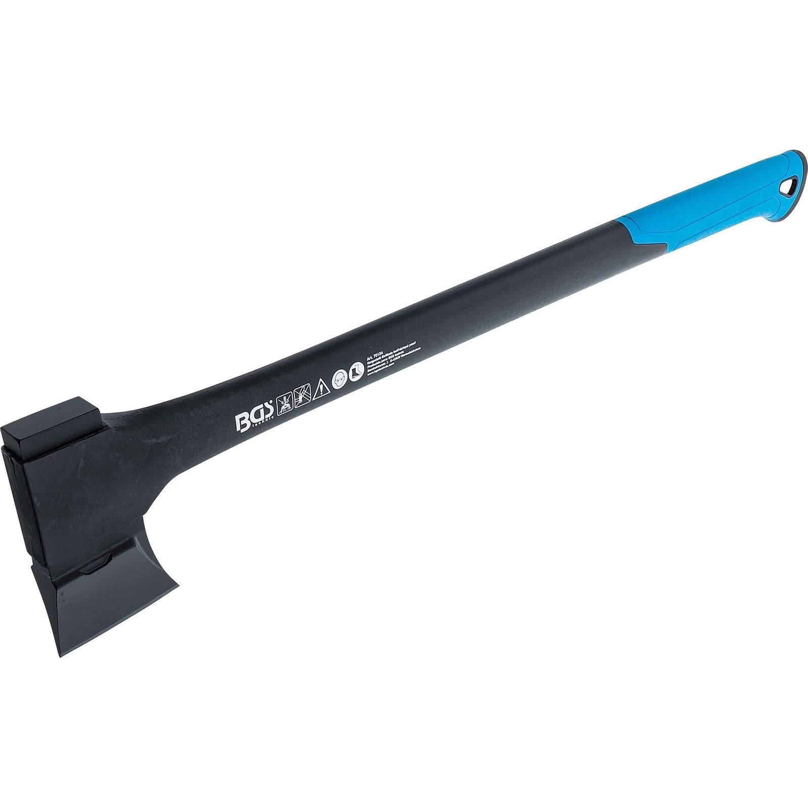 Eine schwarz-blaue Spaltaxt mit langem Stiel, optimiert zum Holzspalten, mit Sicherheitssymbolen und einem Logo am Griff.