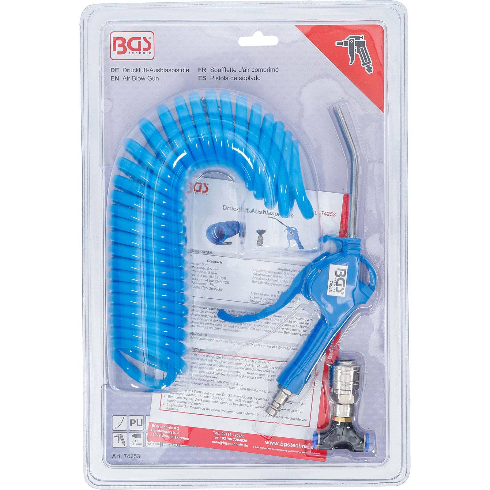 Blauer Luftblasepistole mit Spiralschlauch in einer transparenten Plastikverpackung.