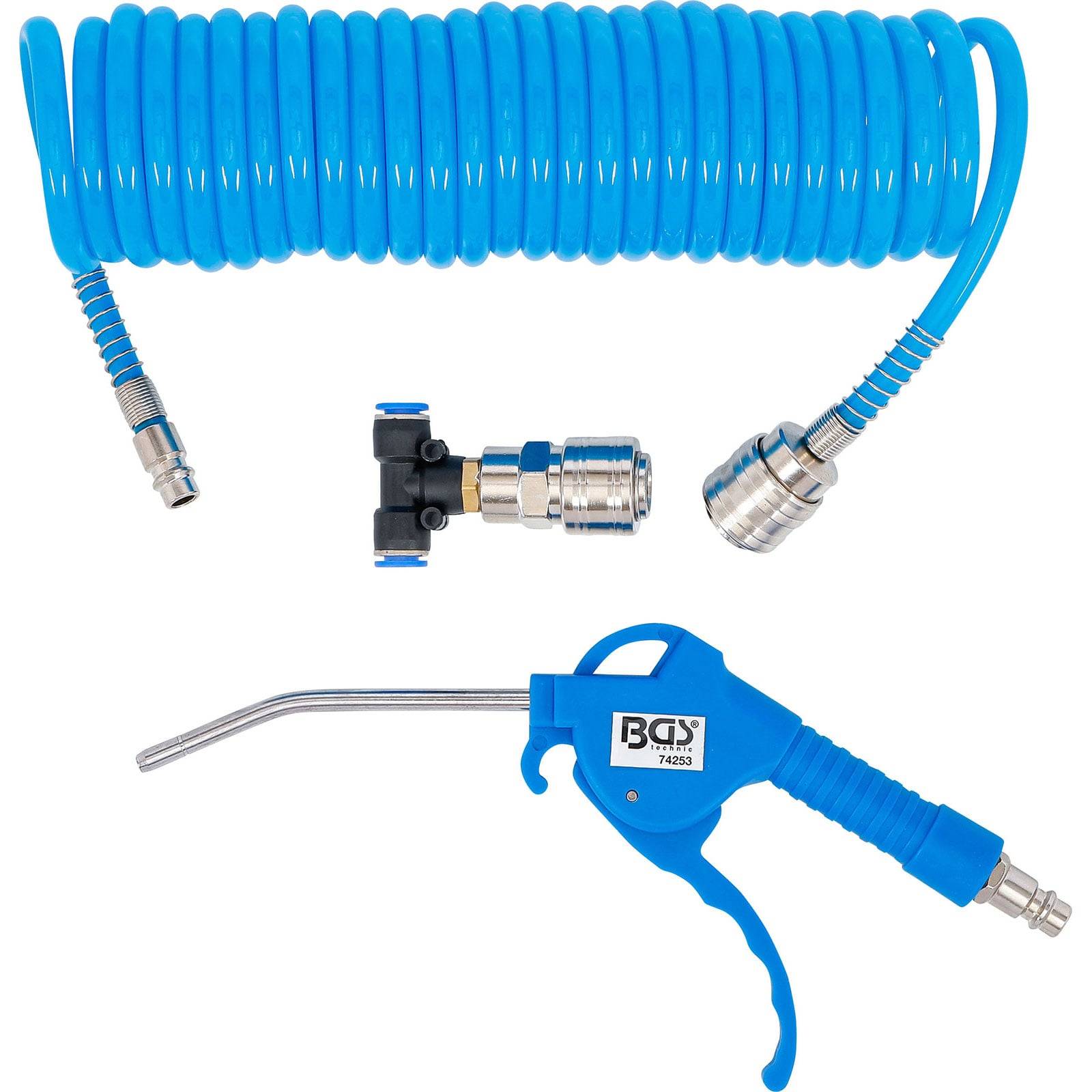Blauer, gewickelter Druckluftschlauch mit Anschlüssen und einer blauen Druckluftpistole, verwendet zum Reinigen und Entstauben von Maschinen oder Arbeitsbereichen.