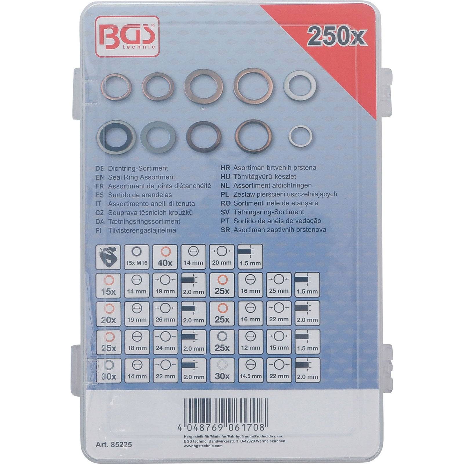 BGS-Markierungsbox mit 250-teiligem Dichtungsring-Sortiment. Ringe in verschiedenen Größen und Materialien, dargestellt mit Mengenangaben und Beschreibungen in mehreren Sprachen.