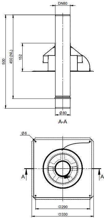 Technische Zeichnung eines quadratischen Flansches mit zentralem rundem Rohr, Schnitt A-A und Draufsicht; die angegebenen Abmessungen umfassen 500, 450, 290, 330, DN80 und Ø80/Ø6.