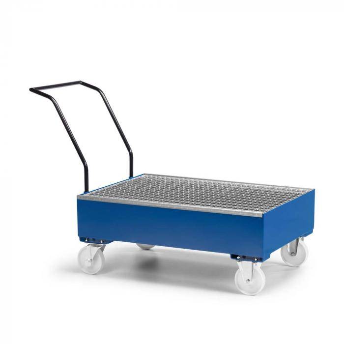 Fahrbare Auffangwanne Typ RFW - Stahl - mit Gitterrost - für 2 x 200 Liter Fass - Rad-Ø 175 mm aus Polyamid - RAL 5010 enzianblau