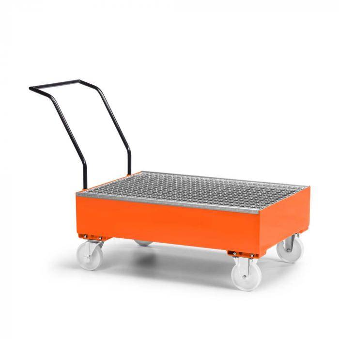 Fahrbare Auffangwanne Typ RFW - Stahl - mit Gitterrost - für 2 x 200 Liter Fass - Rad-Ø 175 mm aus Polyamid - RAL 2004 reinorange