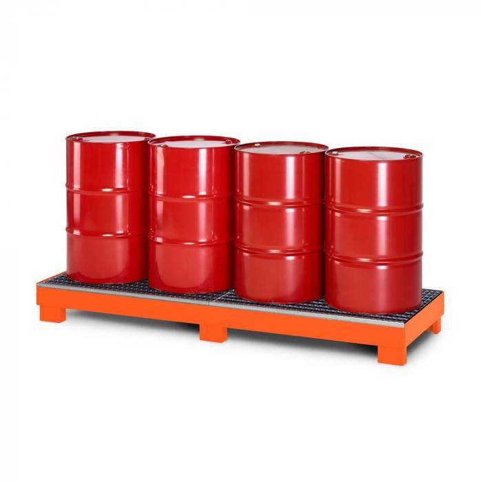 Auffangwanne Typ RWG-4R aus Stahl - mit Gitterrost - passend für 4x 200 Liter Fass - Unterfahrhöhe 100 mm - RAL 2004 reinorange