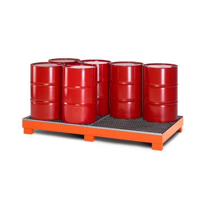 Auffangwanne Typ RWG-8 aus Stahl - mit Gitterrost - passend für 8x 200 Liter Fass - Unterfahrhöhe 100 mm - RAL 2004 reinorange