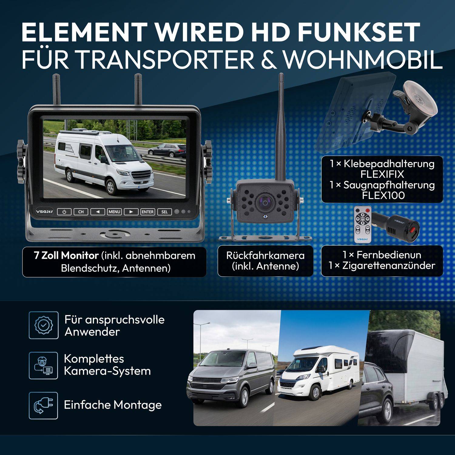 VSG24 7" FUNK-Set ELEMENT WIRED HD | Wohnmobil & LKW bis 21 Meter RVS-24671