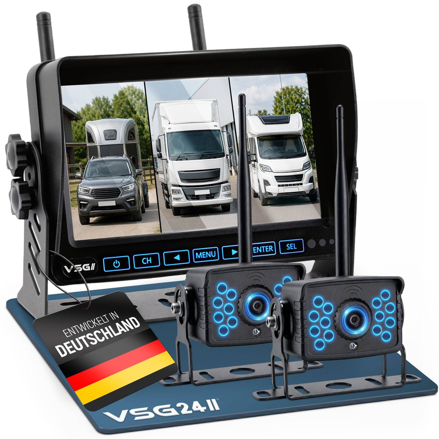 Kabelloses Fahrzeugüberwachungssystem mit Monitor, der drei Lastwagen und zwei Kameras auf einem Ständer zeigt, beschriftet mit „Made in Germany