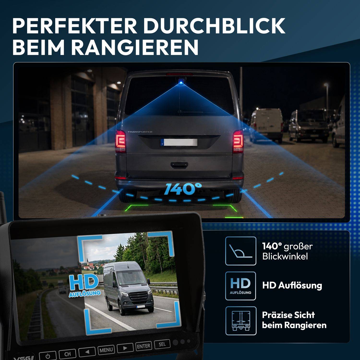 Werbeanzeige für ein Kamerasystem für Transporter mit Rückansicht mit 140° Weitwinkel-Parkassistent, HD-Display und präziser Rückfahrtsichtbarkeit.