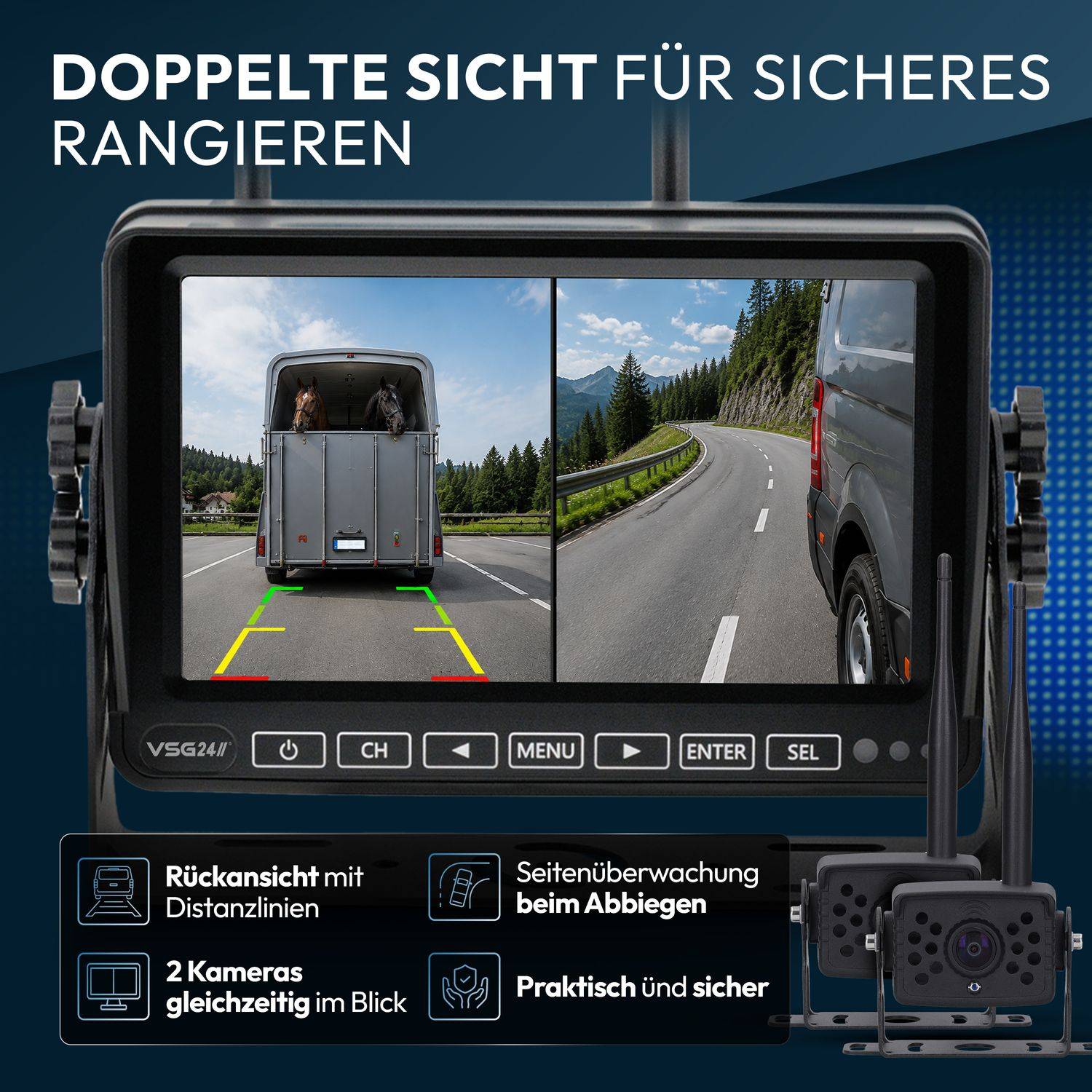 Marketing-Grafik eines Rückfahrkamerasystems für sicheres Rückwärtsfahren, das geteilte Bildschirmansichten zeigt: Rückseite mit Abstandslinien und Seitenüberwachung beim Abbiegen.