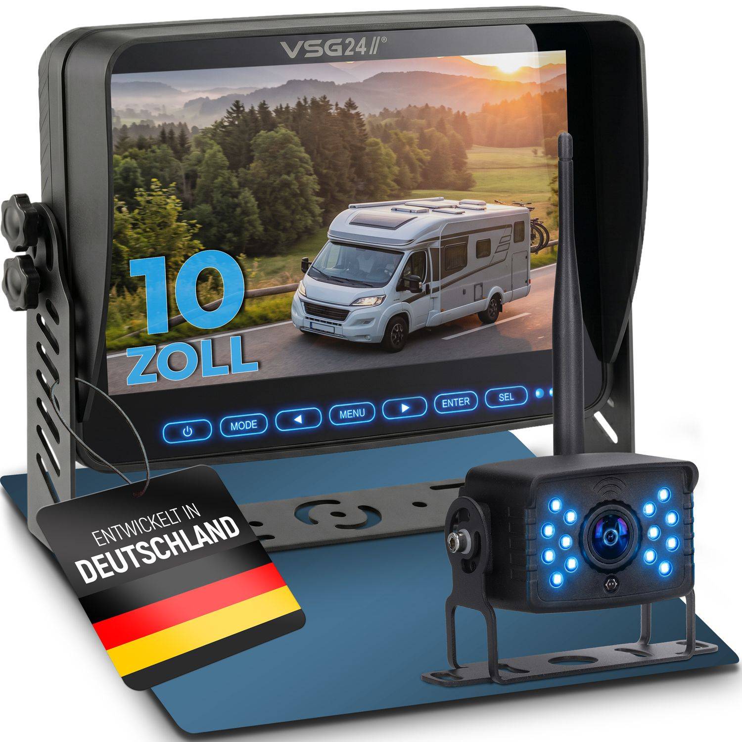 10-Zoll-VSG24ii-Monitor-Display zeigt einen Campingwagen; inklusive Rückfahrkamera und 