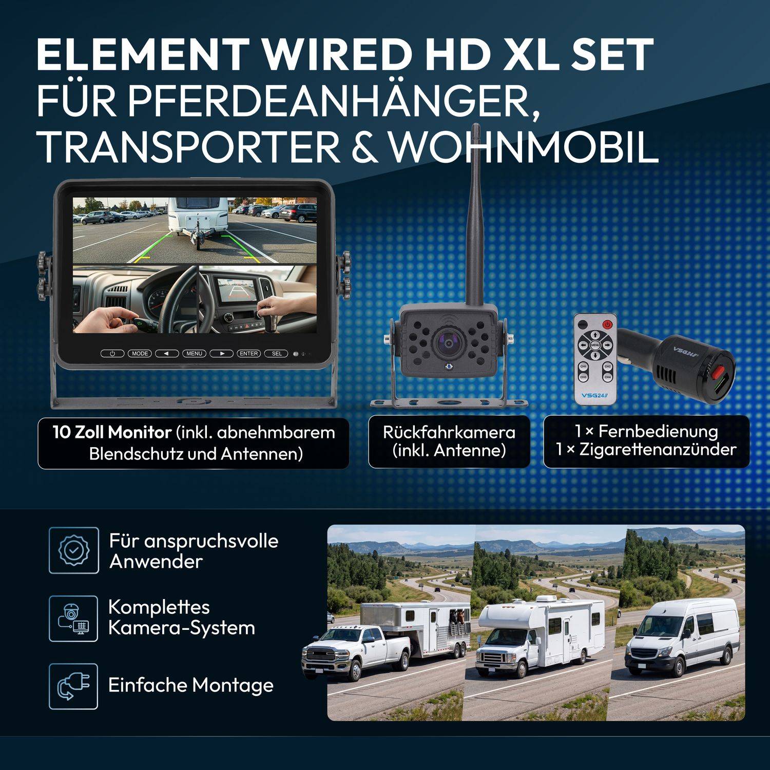 Werbebild für das ELEMENT WIRED HD XL Set, das einen 10-Zoll-Monitor, eine Rückfahrkamera, eine Fernbedienung, einen Zigarettenanzünder-Transmitter und die Installation in Pferdeanhängern, Transportern und Wohnmobilen zeigt.
