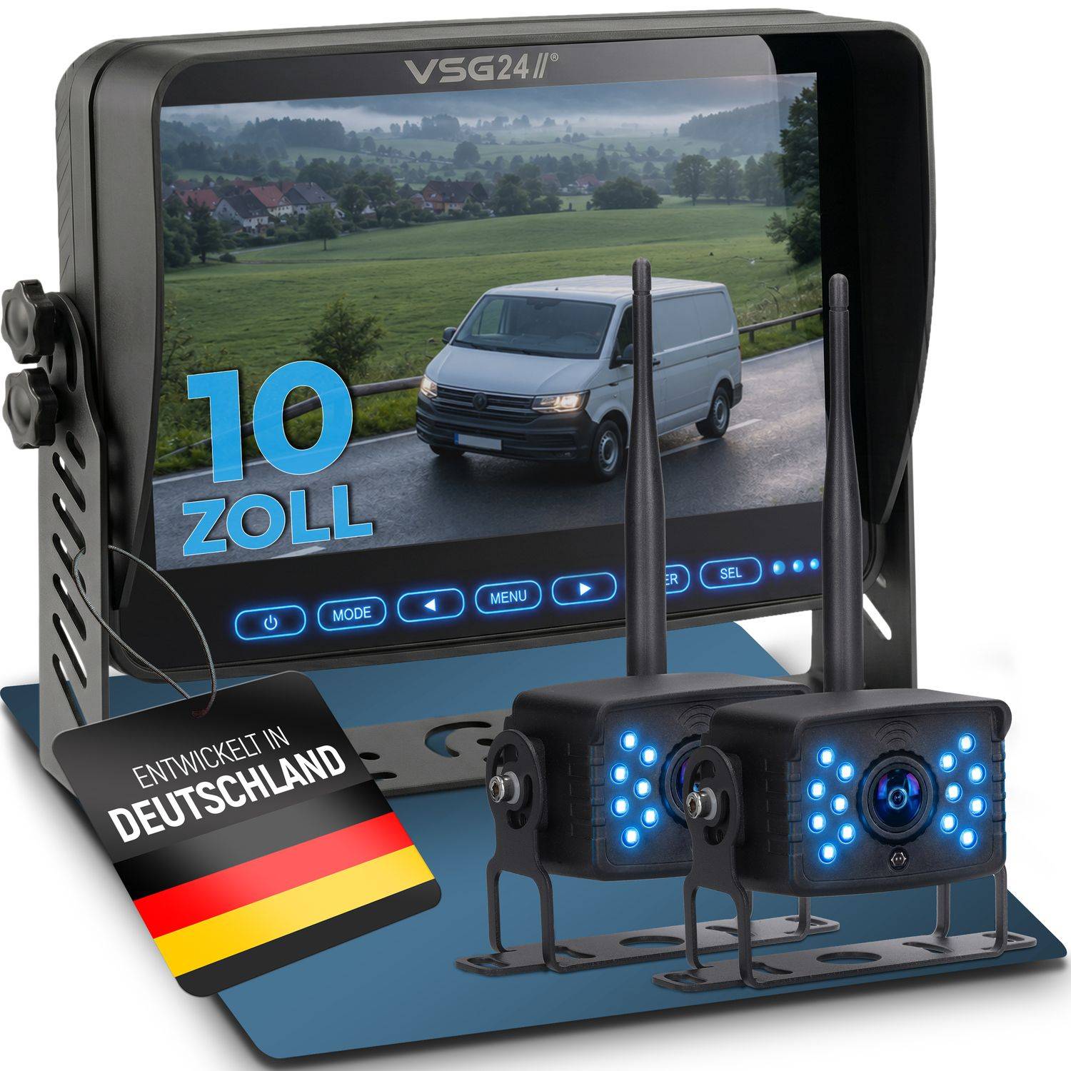 10-Zoll-Fahrzeugmonitor-Display mit Rückfahrkamera-Set, das einen Transporter auf einer Straße zeigt; beschriftet mit „10 ZOLL