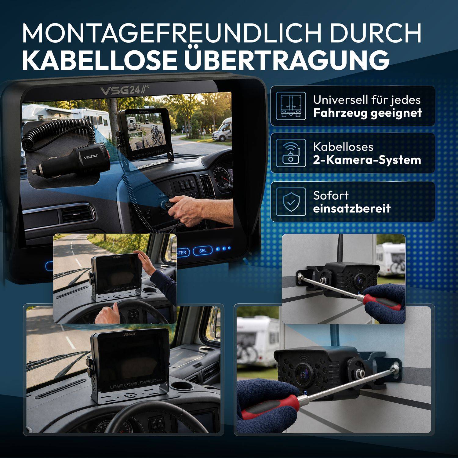 # Werbegrafik für ein kabelloses Zwei-Kamera-Fahrzeugsystem mit Armaturenbrett-Monitor und Installationsschritten; Text besagt „universell für jedes Fahrzeug geeignet