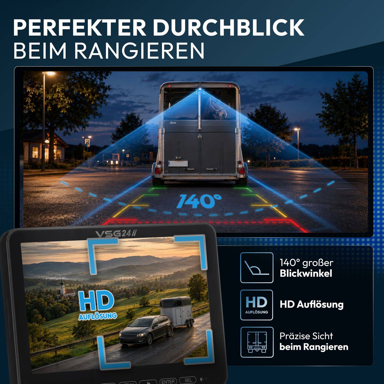 Deutsches Kamera-Angebot mit Rückfahrkamera-Assistent mit 140° Weitwinkelblick und HD-Auflösung für präzises Rückwärtsfahren, mit der Bezeichnung „Perfekter Durchblick beim Rangieren