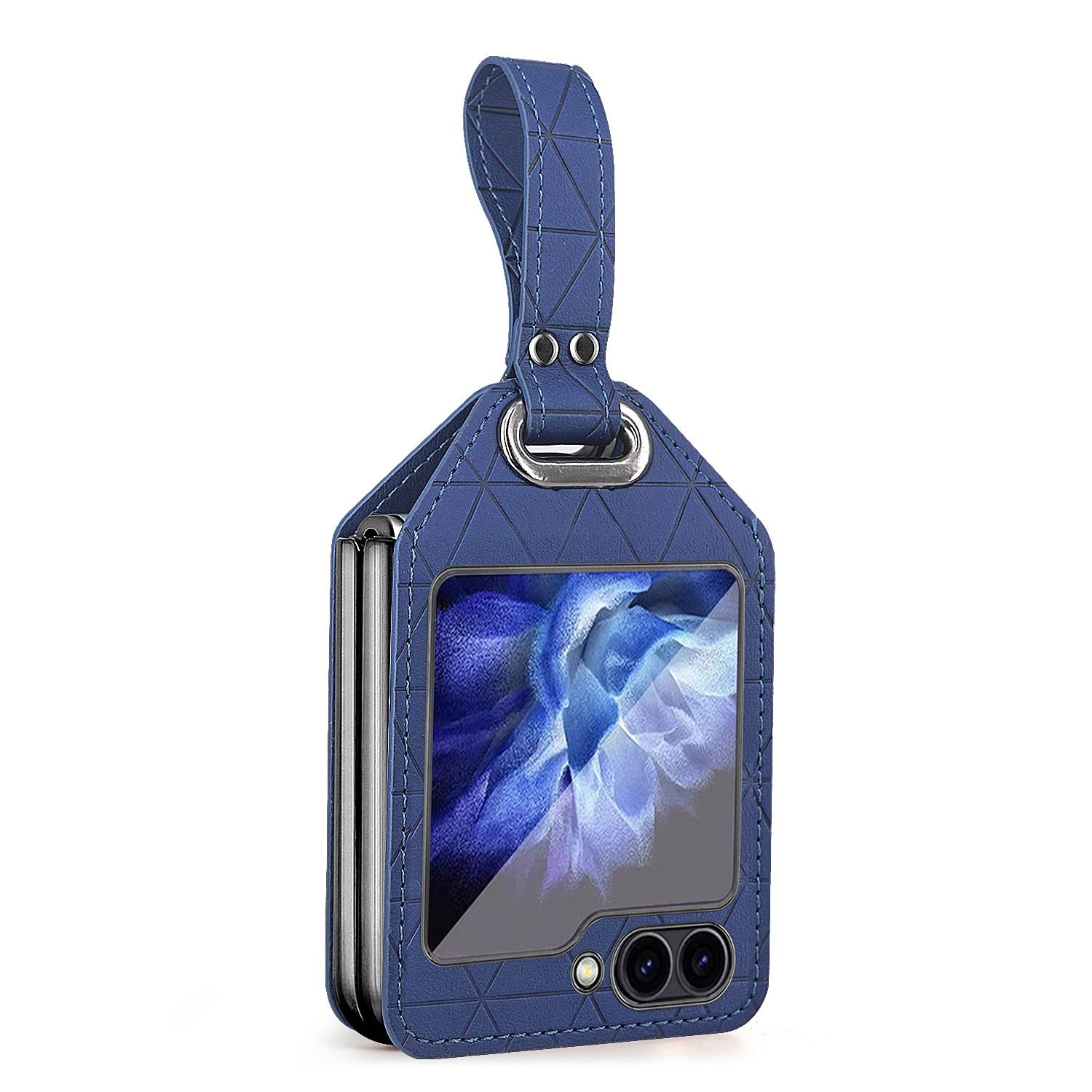 Für Samsung Galaxy Z Flip7 FE / Flip6 5G Electroplating PC Hybrid PU Leather Handy Hülle mit Armband Dunkelblau