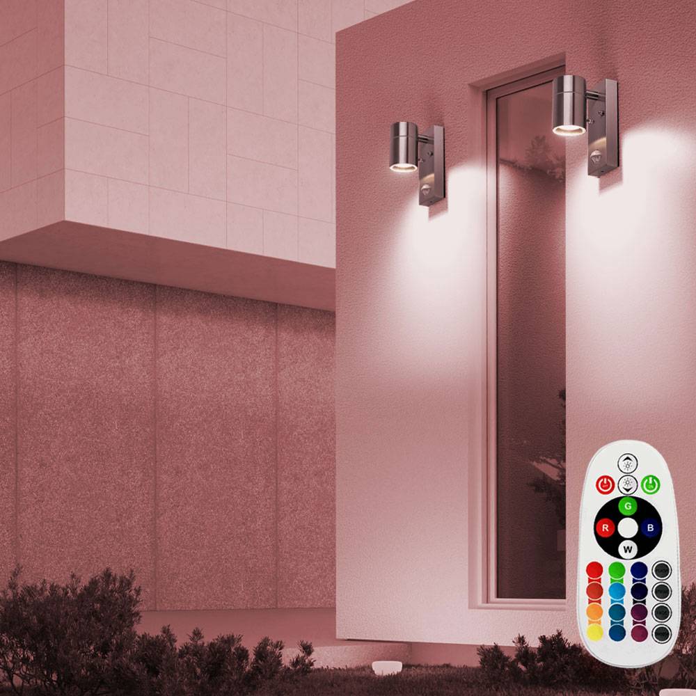 Wandleuchte Bewegungsmelder Wandlampe Edelstahl Glas Fassadenleuchte, Fernbedienung dimmbar, RGB LED 3,5W 290Lm warmweiß, DxHxT 6,7x16,3x11 cm, 2er
