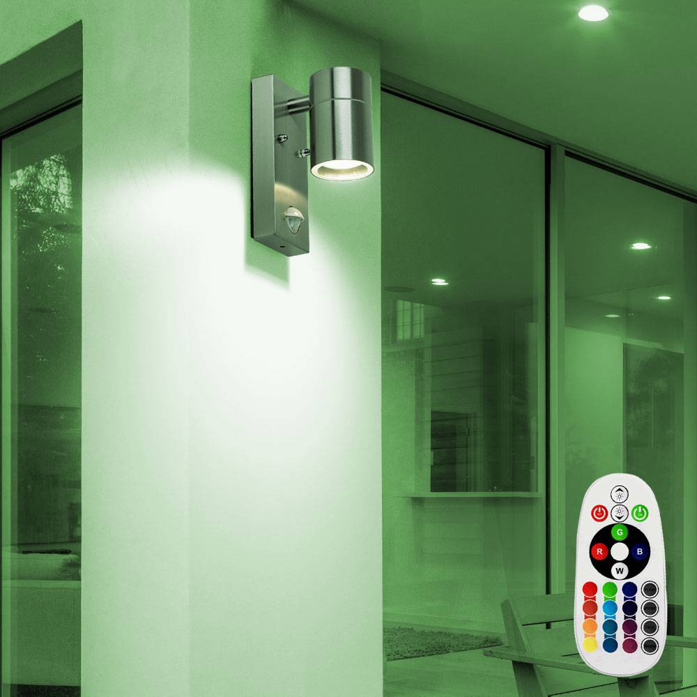 Wandleuchte Bewegungsmelder Wandlampe Edelstahl Glas Fassadenleuchte, Fernbedienung dimmbar, RGB LED 3,5W 290Lm warmweiß, DxHxT 6,7x16,3x11 cm, 2er