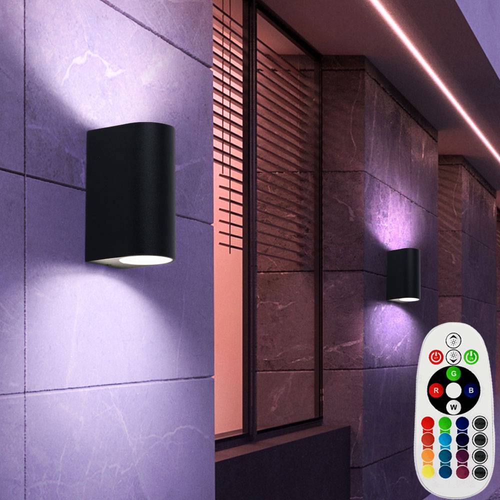 Up Down Wandleuchte schwarz Wand Außenleuchte Aluminium Aussenleuchten Haustür, dimmbar Fernbedienung, 2x RGB LED 3,5W 290Lm warmweiß, BxH 6,5x14,5