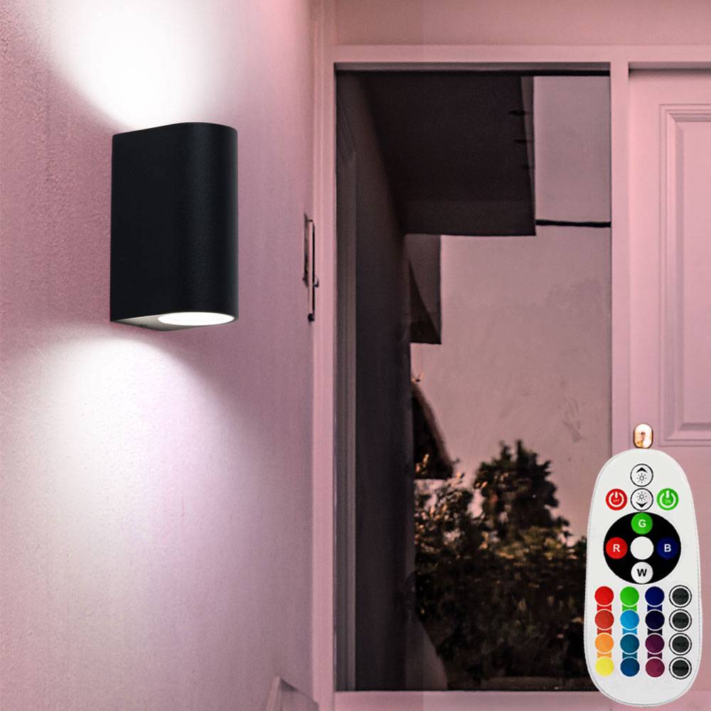 Up Down Wandleuchte schwarz Wand Außenleuchte Aluminium Aussenleuchten Haustür, dimmbar Fernbedienung, 2x RGB LED 3,5W 290Lm warmweiß, BxH 6,5x14,5