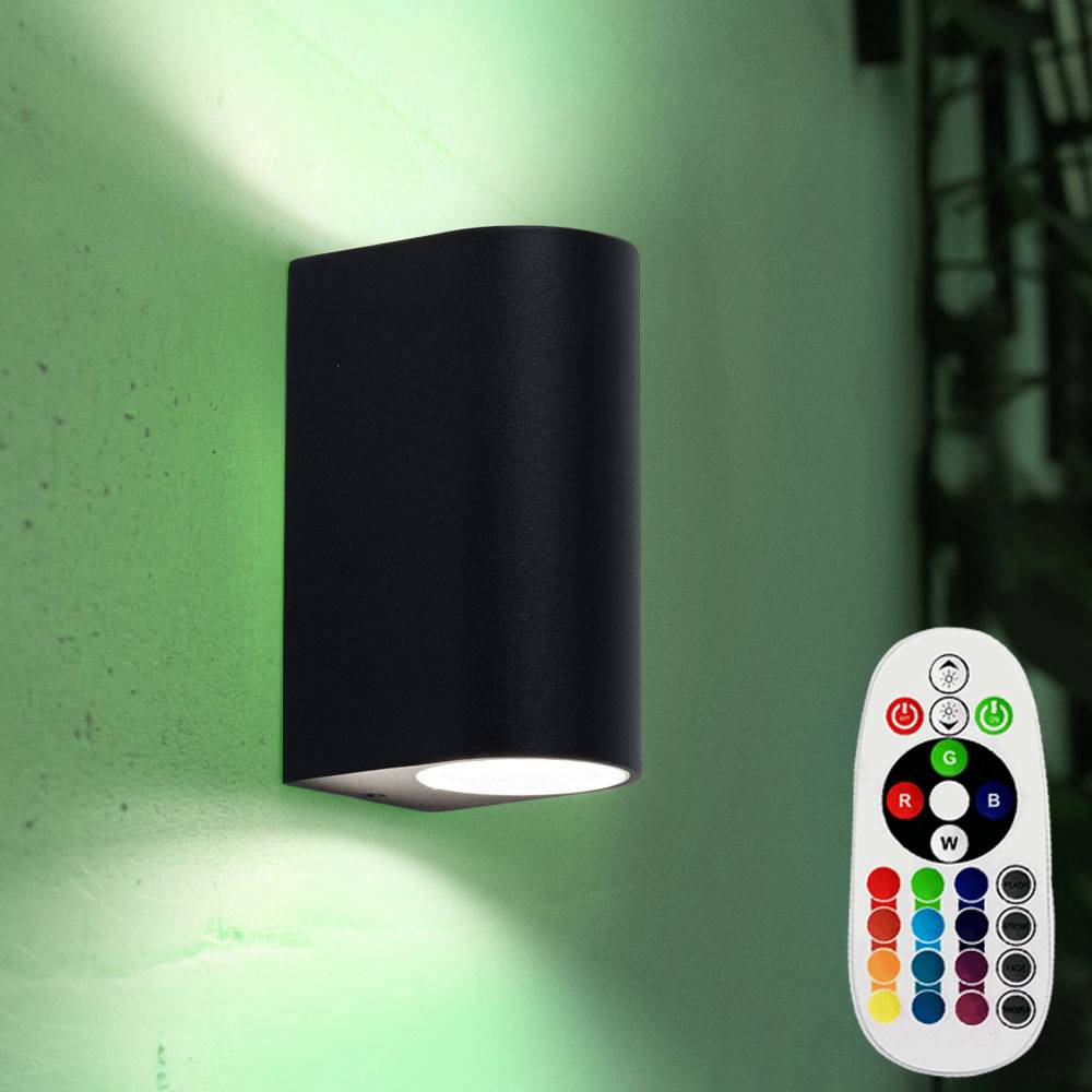 Up Down Wandleuchte schwarz Wand Außenleuchte Aluminium Aussenleuchten Haustür, dimmbar Fernbedienung, 2x RGB LED 3,5W 290Lm warmweiß, BxH 6,5x14,5