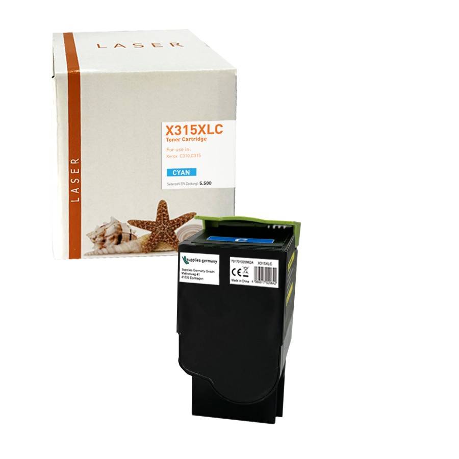 Schwarze Cyan-Tonerpatrone vor ihrer weißen Produktverpackung mit der Aufschrift „X315XLC